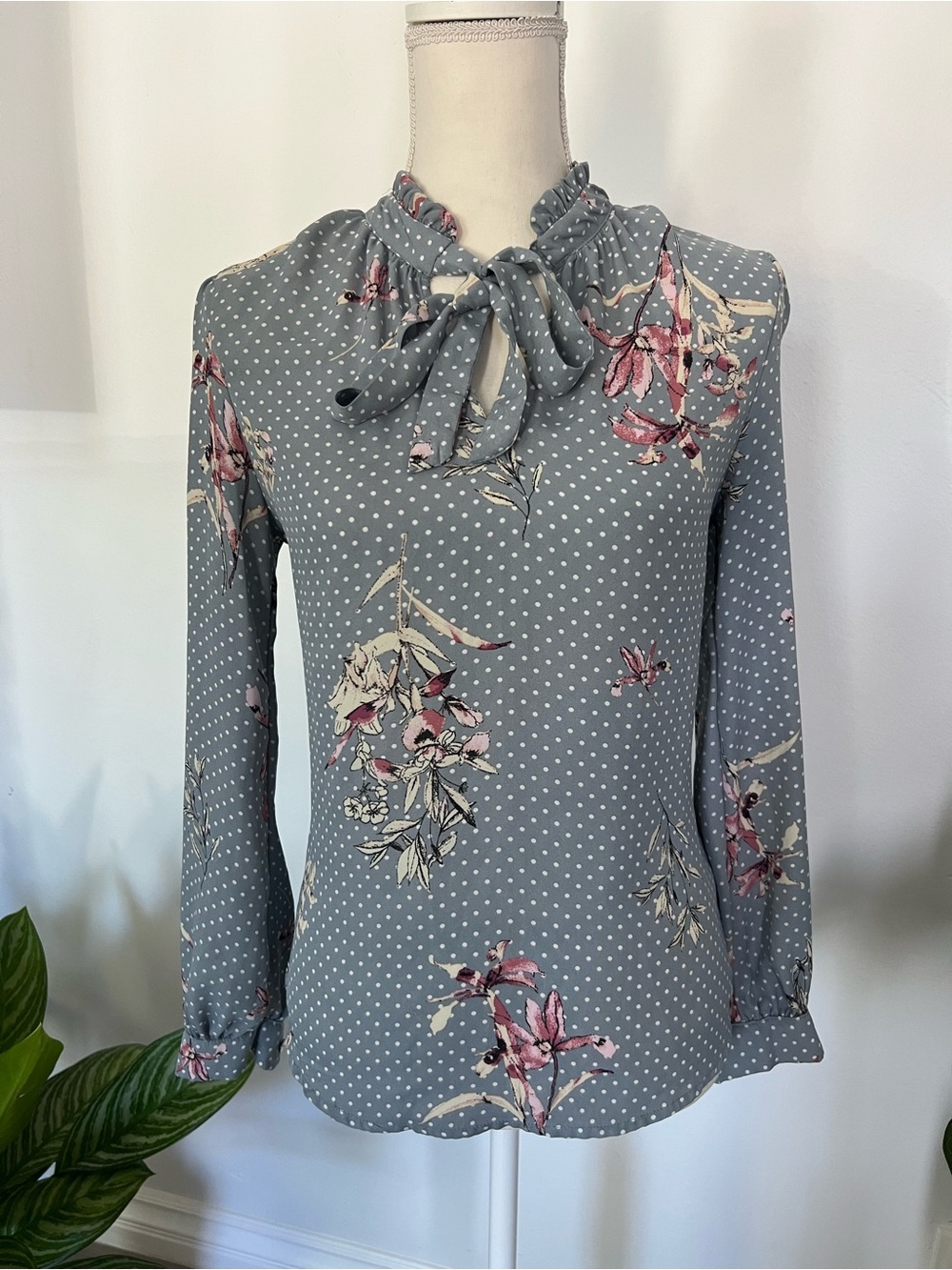 Sweet Rain Dusty Blue Floral & Polka Dot Tie-Neck Blouse